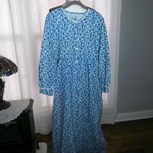 THE VERMONT COUNTRY STORE Long Sleeve 1/3 Button Up Maxi Length Blue Nightgown L